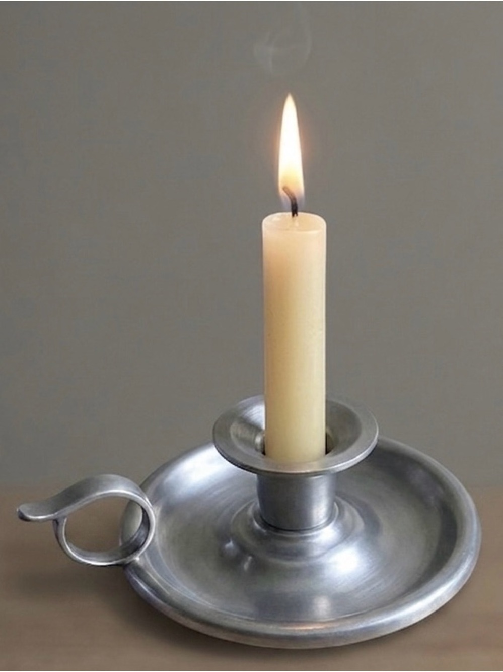 Vintage Early American Pewter by Woodbury Pewterers Candle Holder w/ Finger Loop